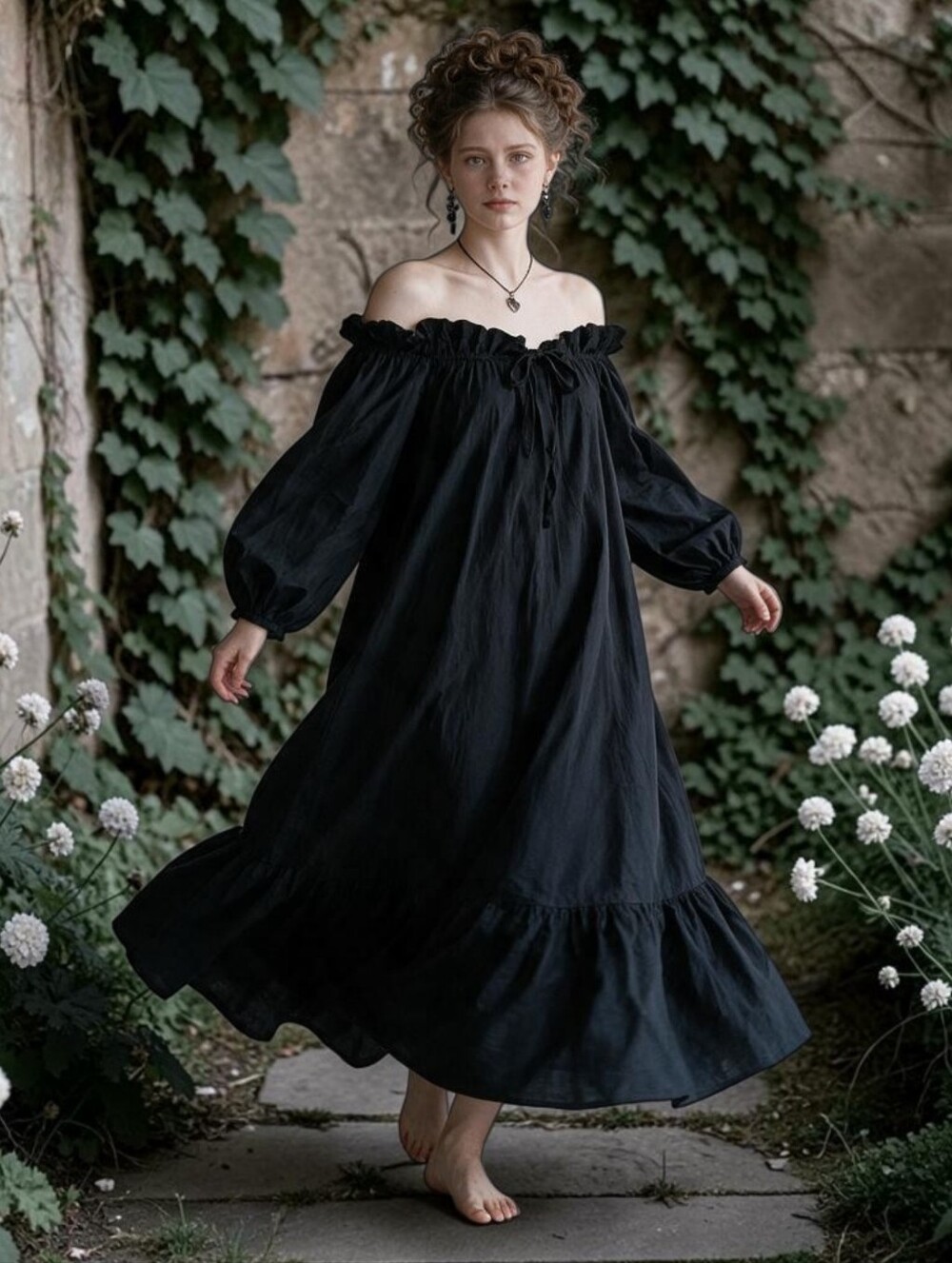 H&M Black Off-the-Shoulder Bardot Belted Maxi Dress size MED